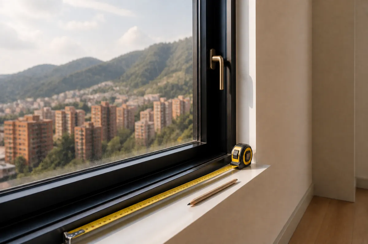 Cinta métrica extendida sobre el marco negro de una ventana, con los cerros de Bogotá al fondo
