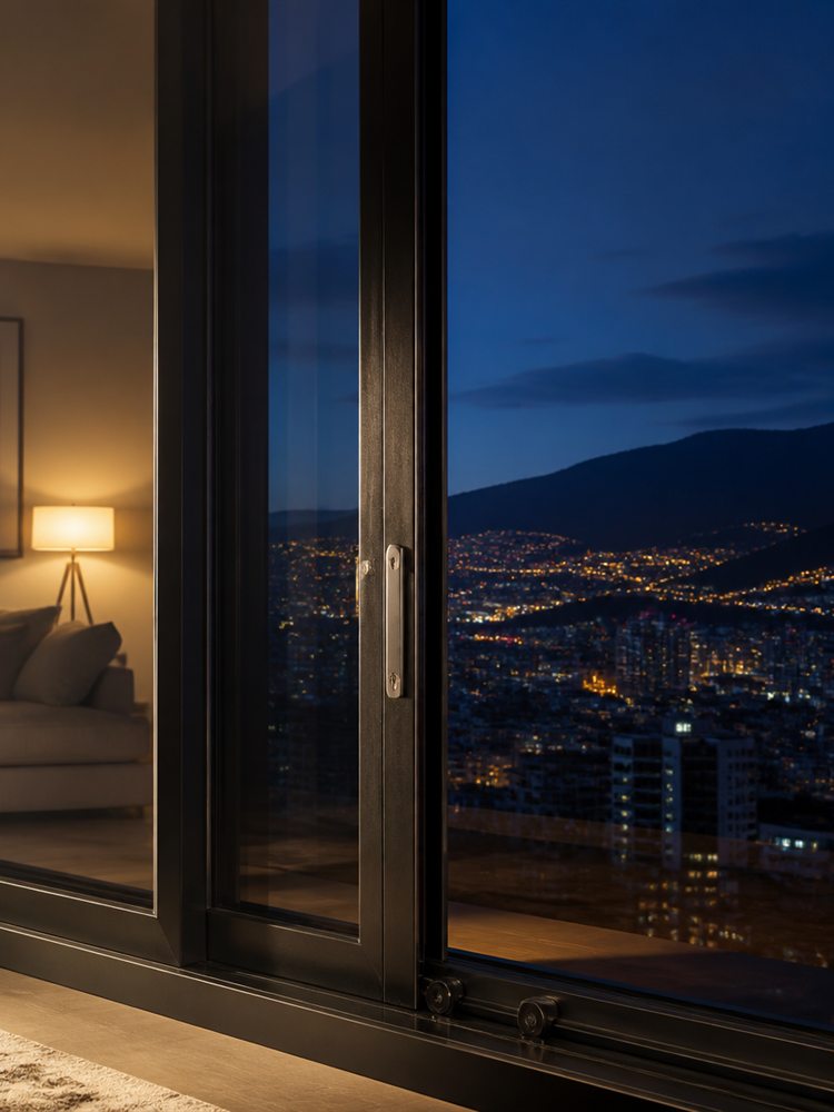 Puerta-ventana corrediza de aluminio negro con chapa de seguridad y rodachinas dobles, de noche sobre Bogotá