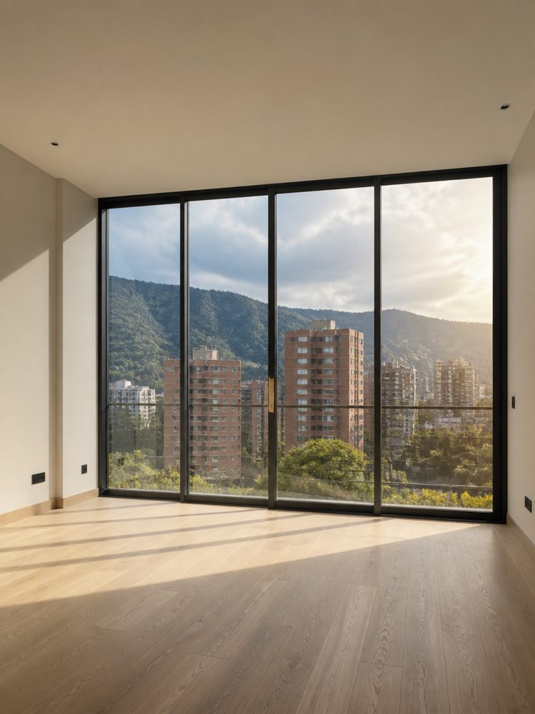 Ventanal de piso a techo con perfilería negra y vista a los cerros de Bogotá