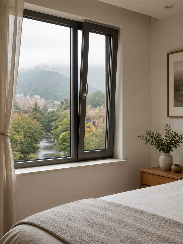 Ventana oscilobatiente de aluminio gris en un dormitorio, con neblina sobre los cerros de Bogotá